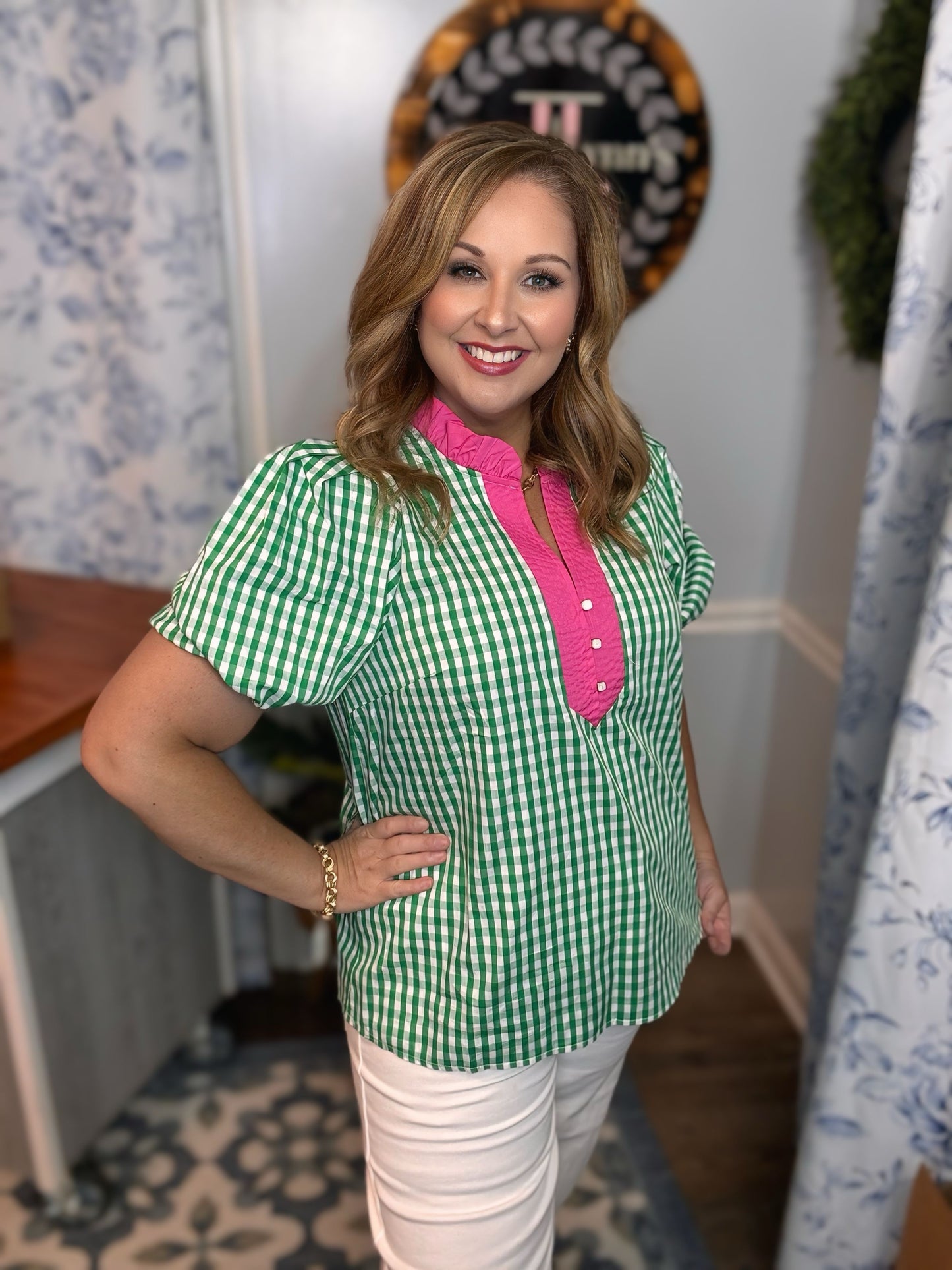 Gingham Plaid Puff Sleeve Top