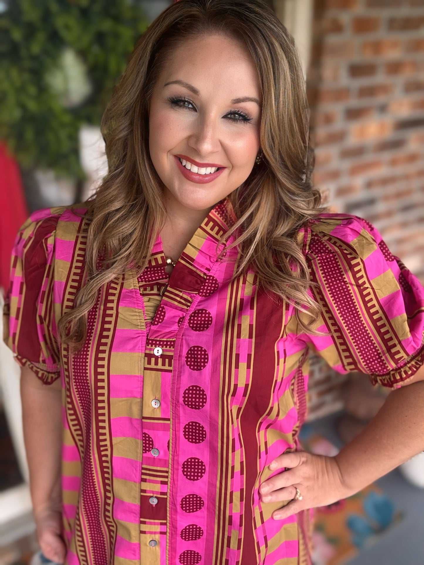 Entro Plum Mixed Print Ruffle Puff Sleeve Top