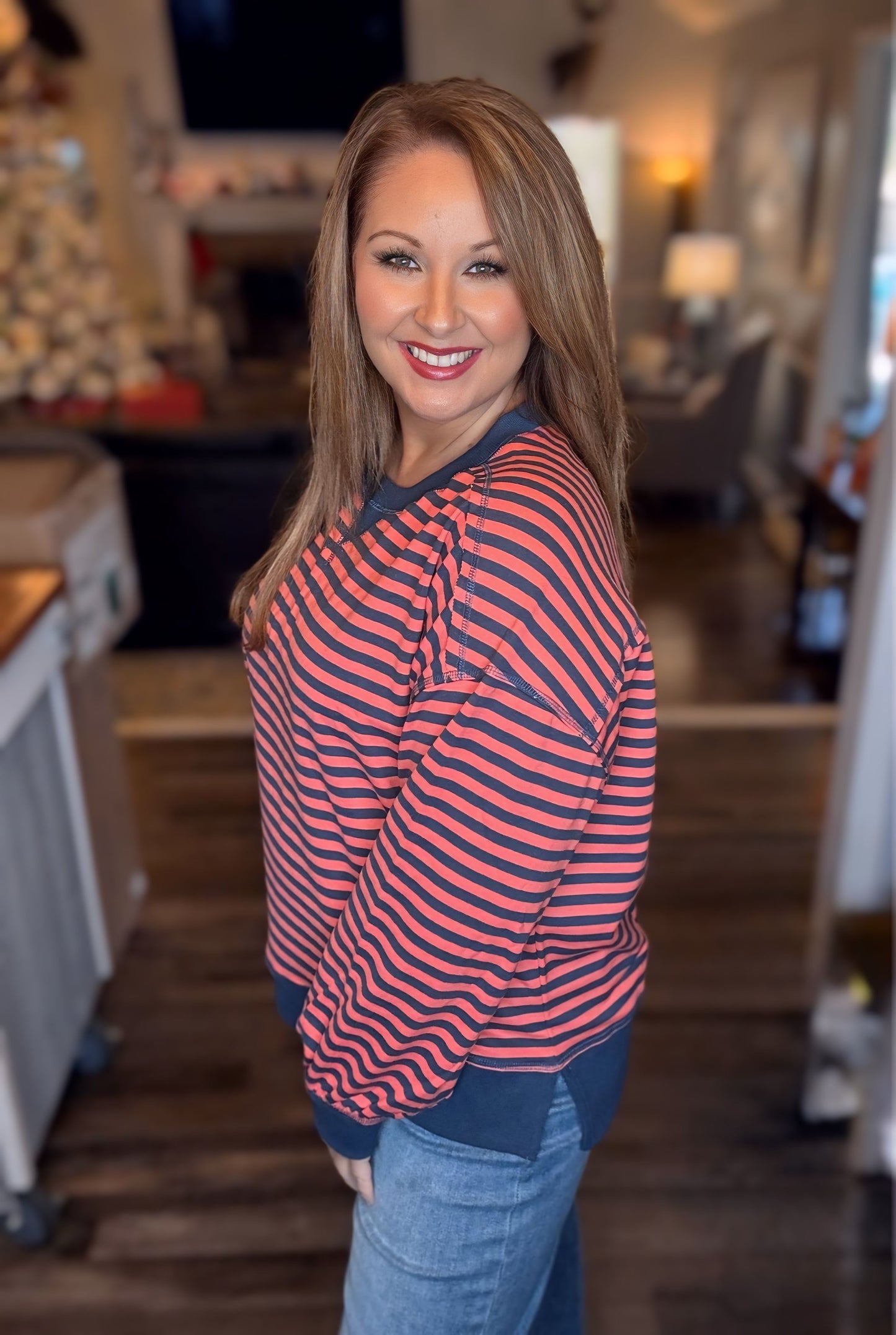 Navy/Coral Stripe Oversized Knit Top