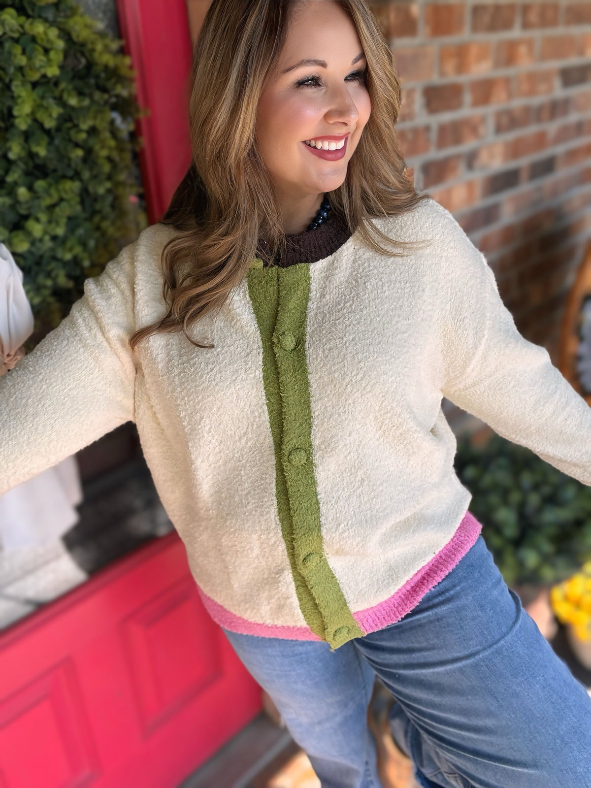 Easel Colorblock Bouclé Knit Cardigan – Cream Multi