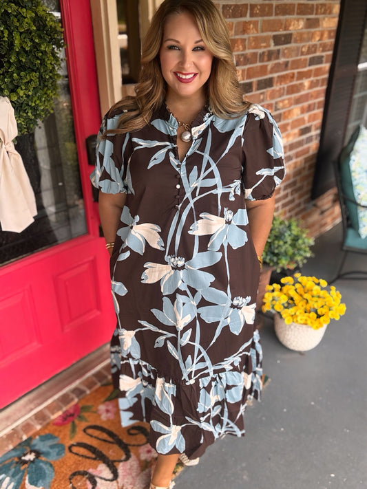 Entro Blue/Brown Floral Puff Sleeve Ruffle Midi Dress