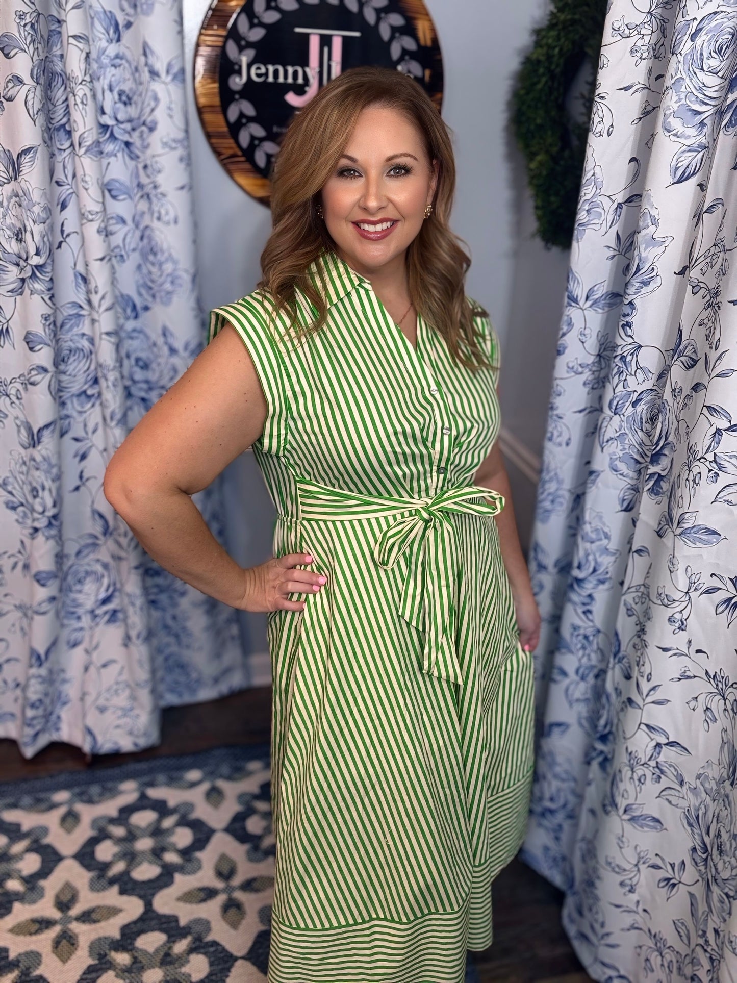 Green Striped Entro Midi Dress with Bow Detail