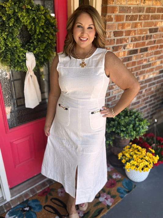 Entro Off White Denim Sleeveless Midi Dress