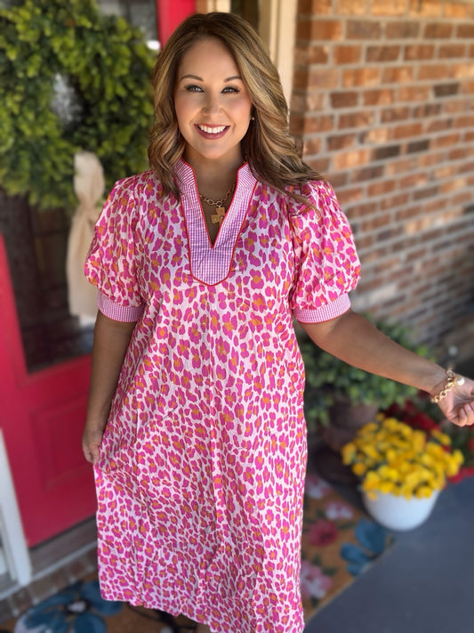Entro Pink Leopard Midi Dress