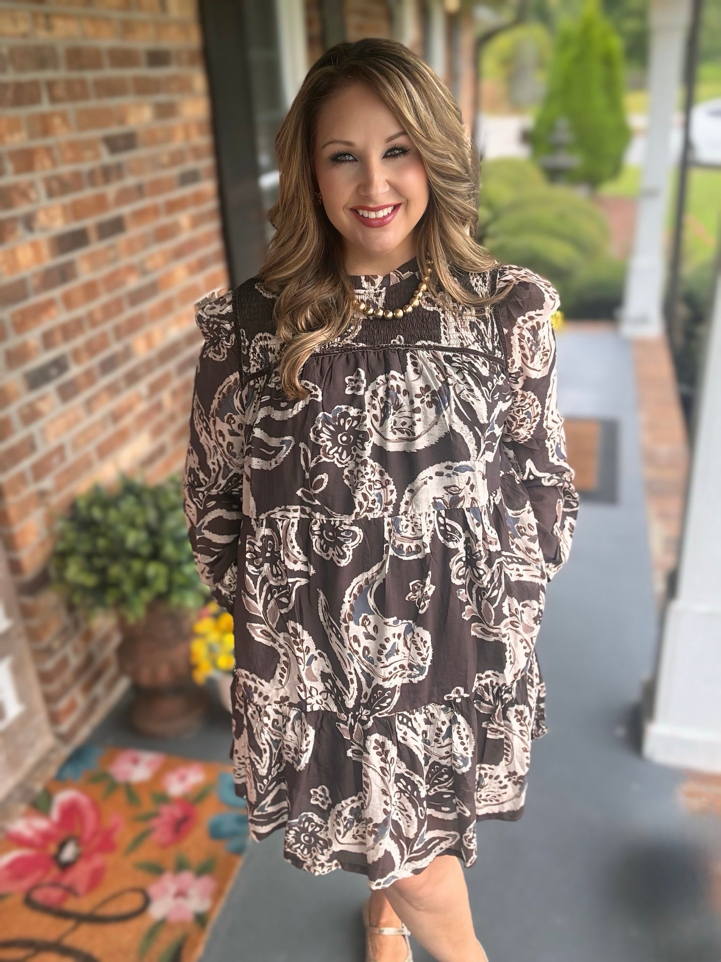 Umgee Paisley Tiered Mini Dress – Brown