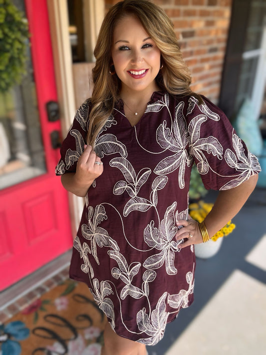 Burgundy Embroidered Puff Sleeve Dress