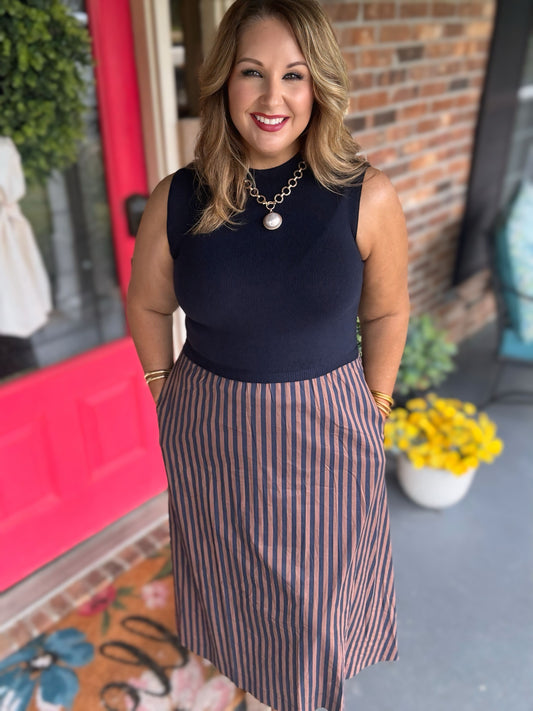 Entro Navy & Brown Striped Mock Neck Midi Dress