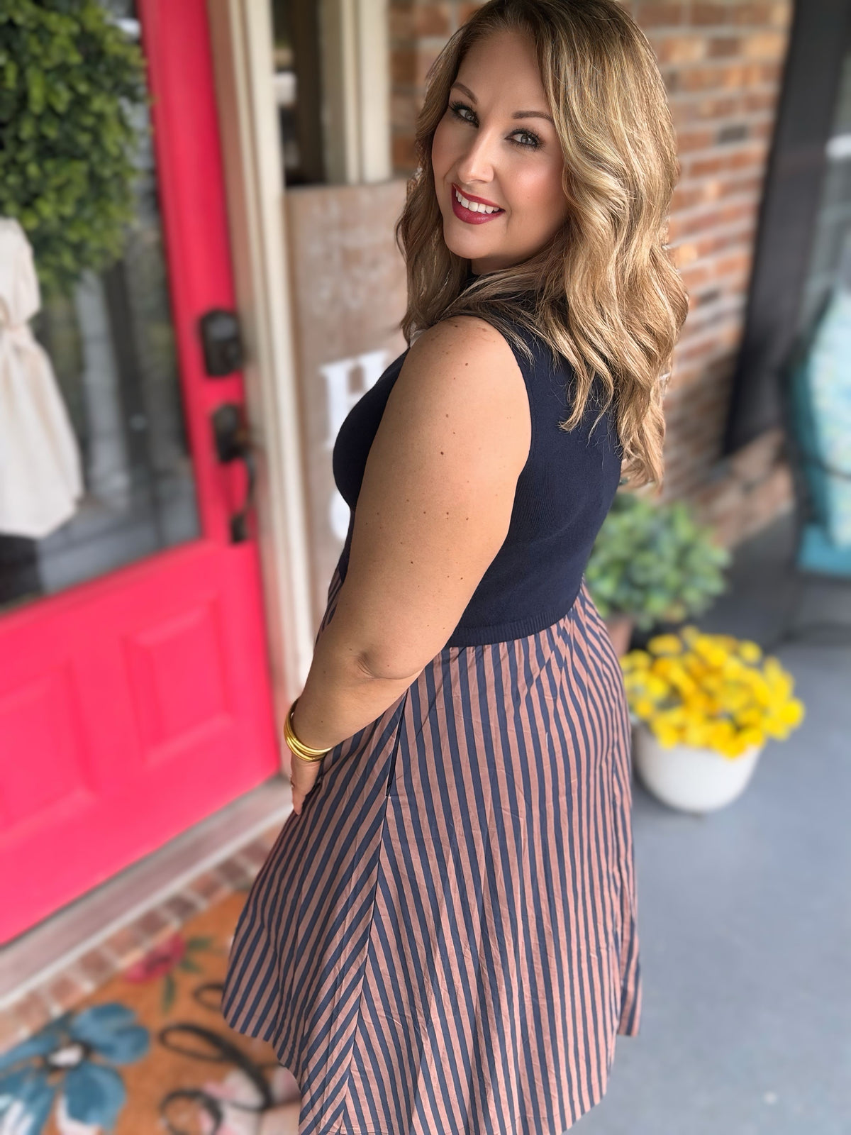 Entro Navy & Brown Striped Mock Neck Midi Dress