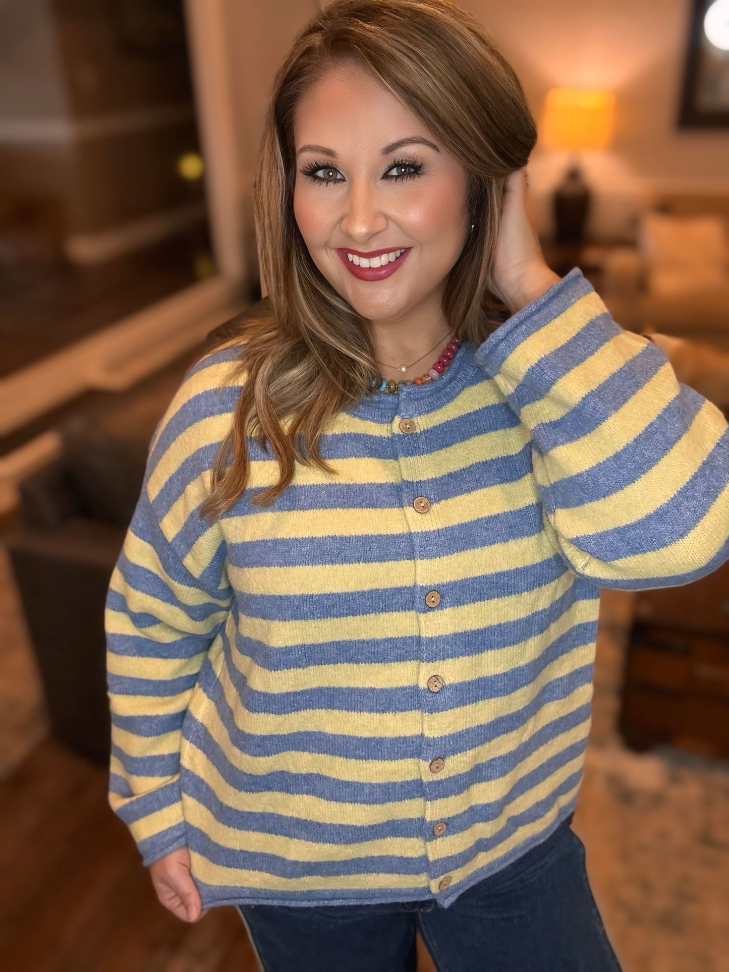 Blue & Butter Striped Oversized Cardigan