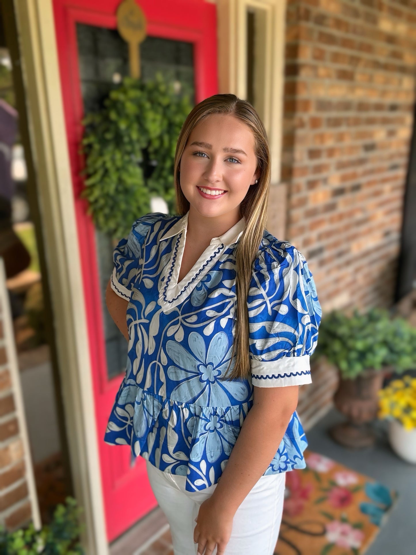 Blue Entro Floral V-neck Top