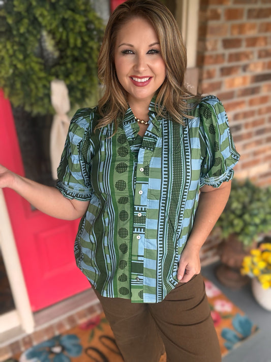 Entro Olive Mixed Print Puff Sleeve Button-Front Top