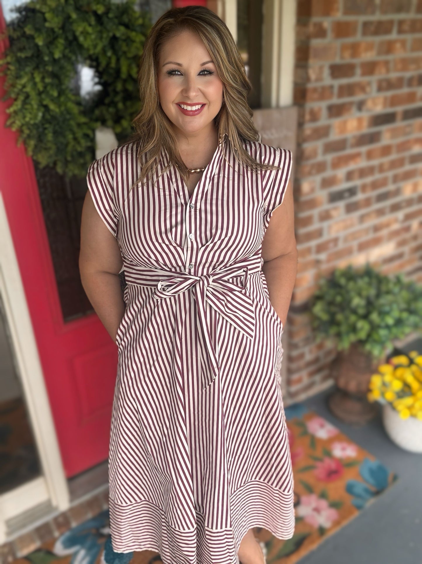 Entro Burgundy & Ivory Striped Game Day Midi Dress