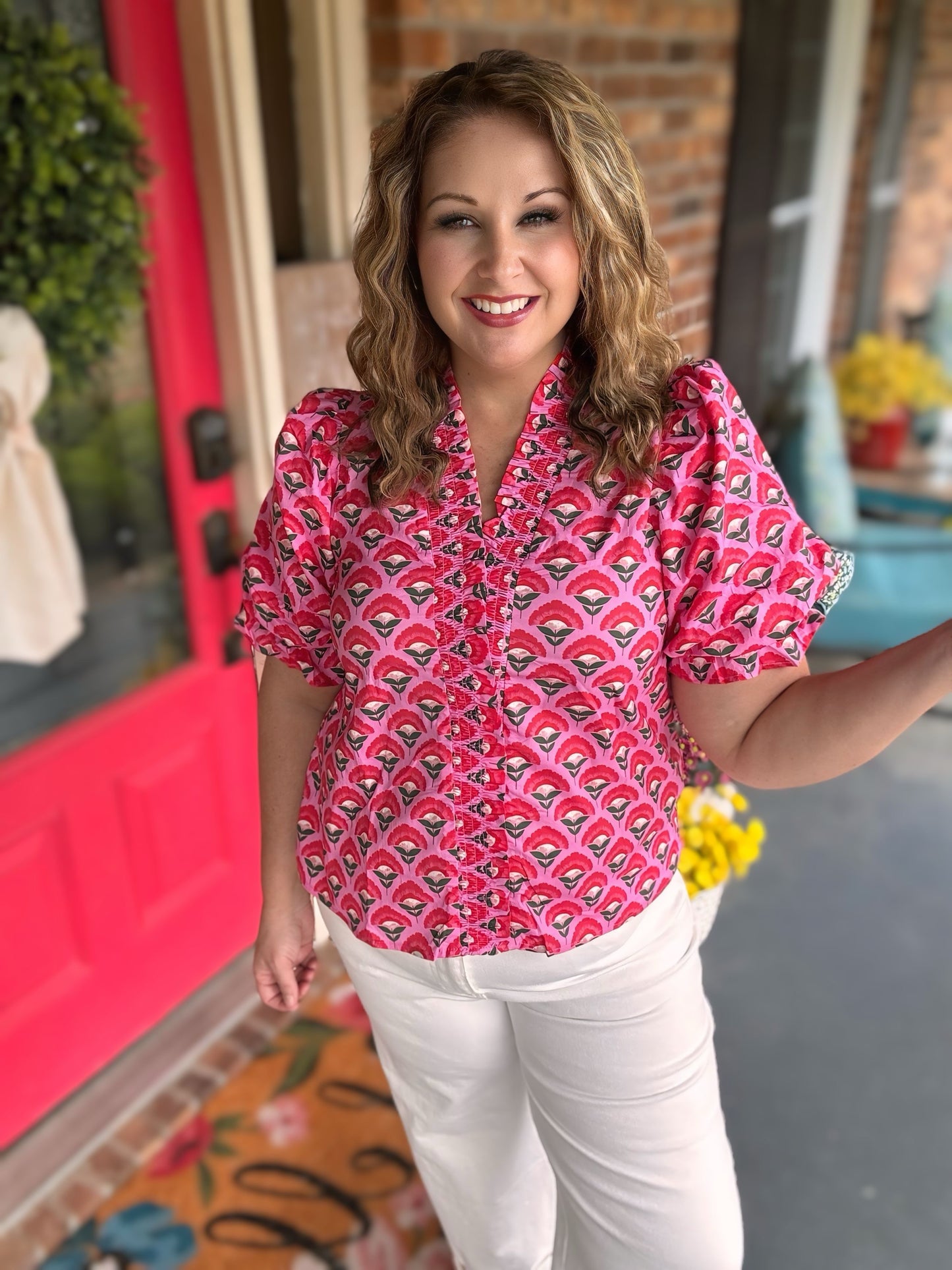 Entro elastic sleeve cotton top blouse ￼