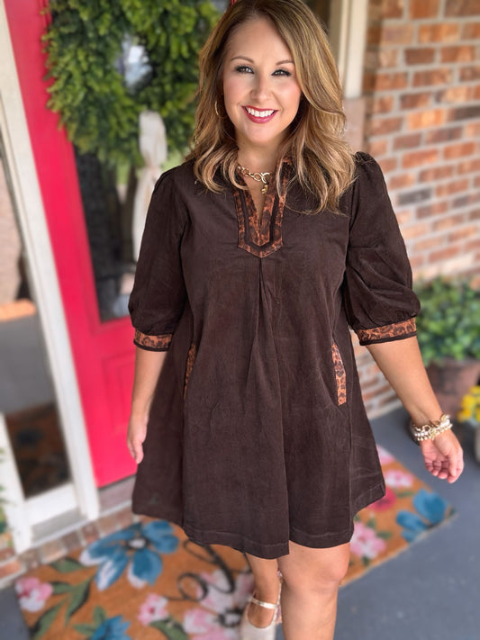 Umgee Brown Cotton Shift Dress with Leopard Contrast Trim & Pockets