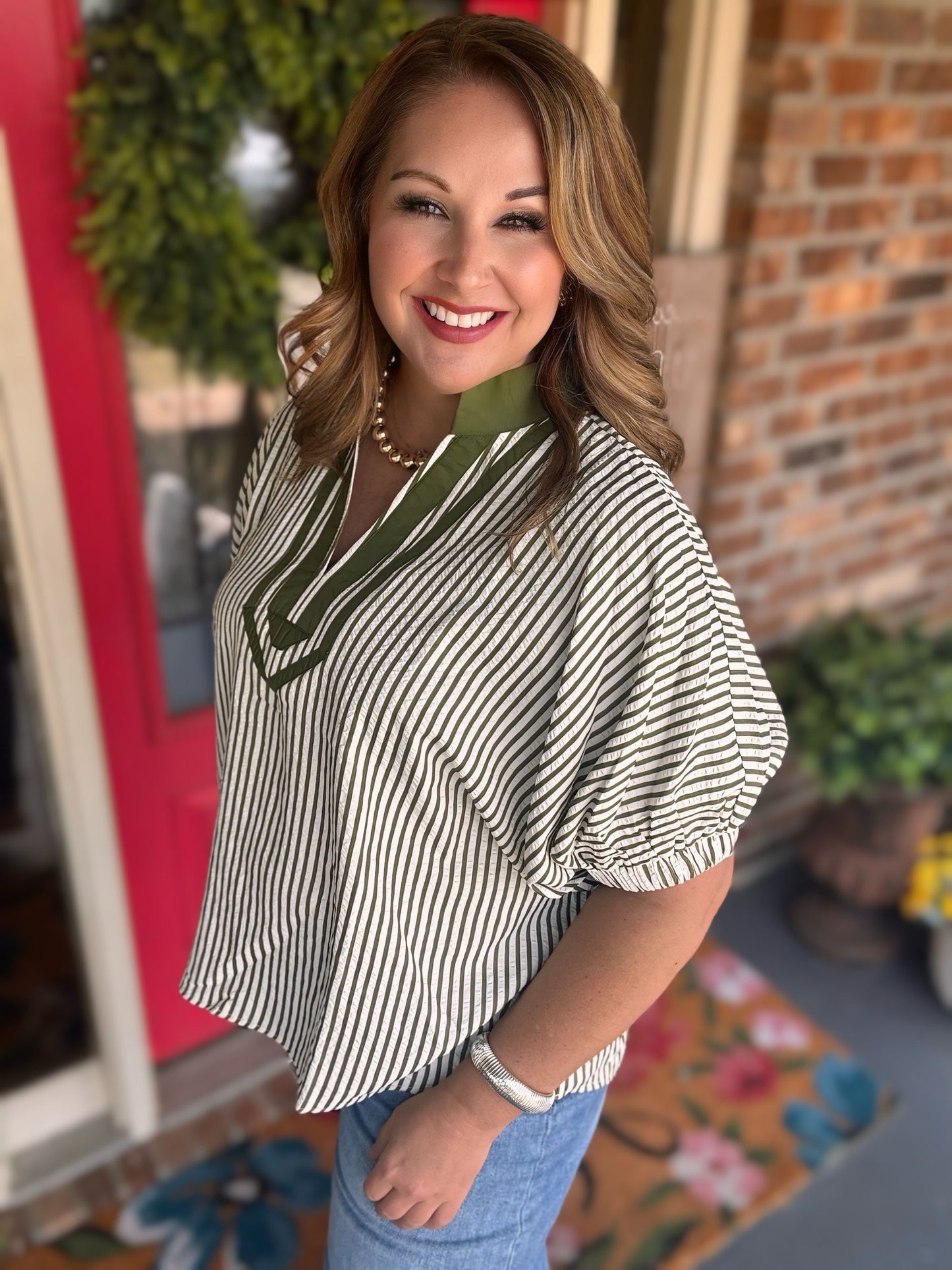 Entro Olive Striped Split Neck Top
