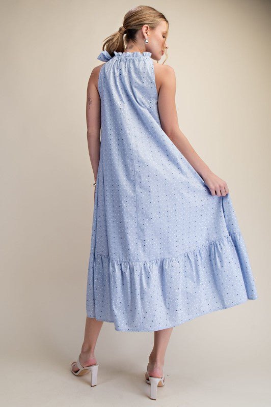 Ruffle Neck Tie Sleeveless Dot Pattern Midi Dress