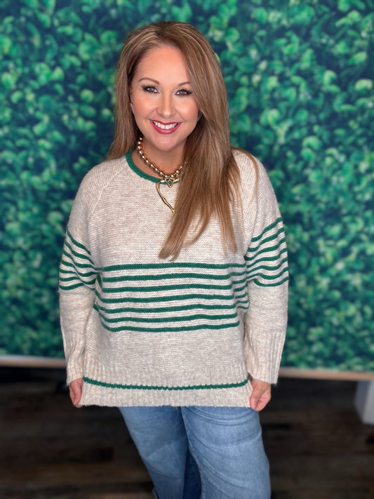 Green/Oatmeal Striped Sweater Top