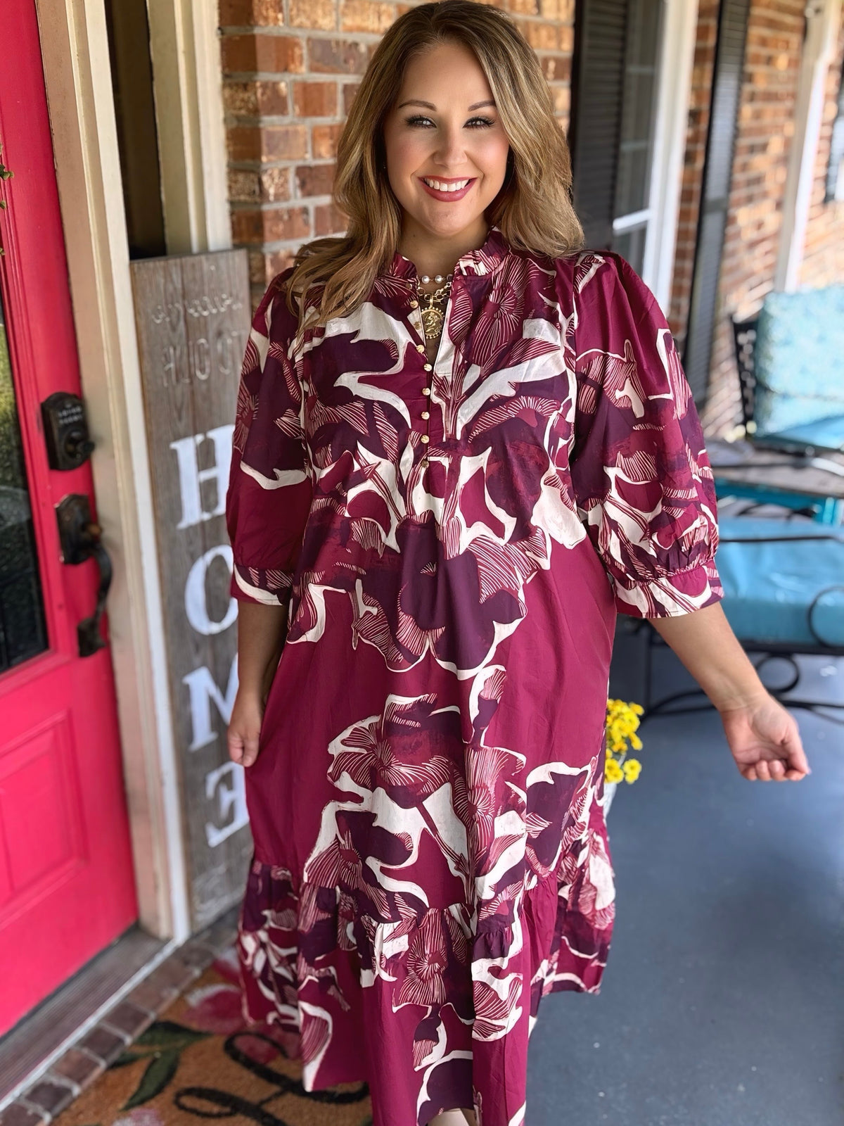 Entro Burgundy Floral Print Puff Sleeve Midi Dress