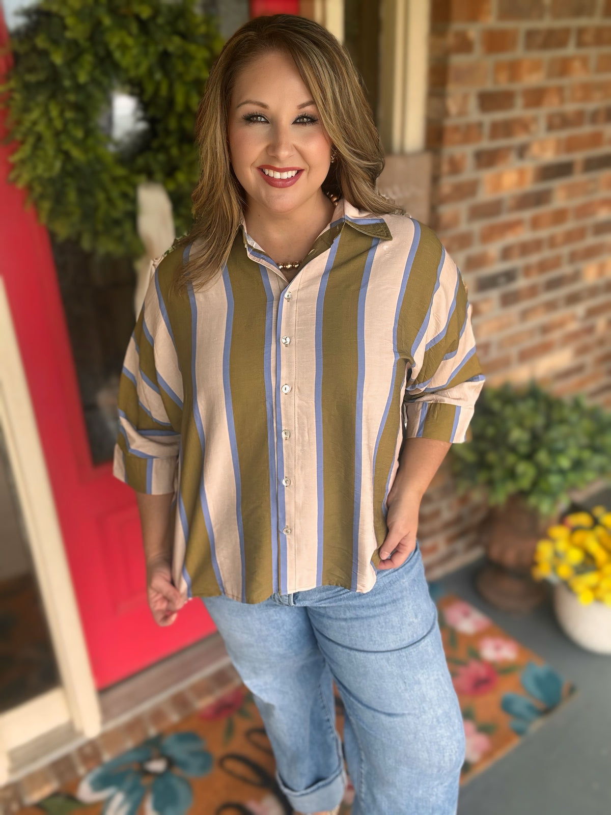 Entro Olive & Blue Striped Dolman Sleeve Top