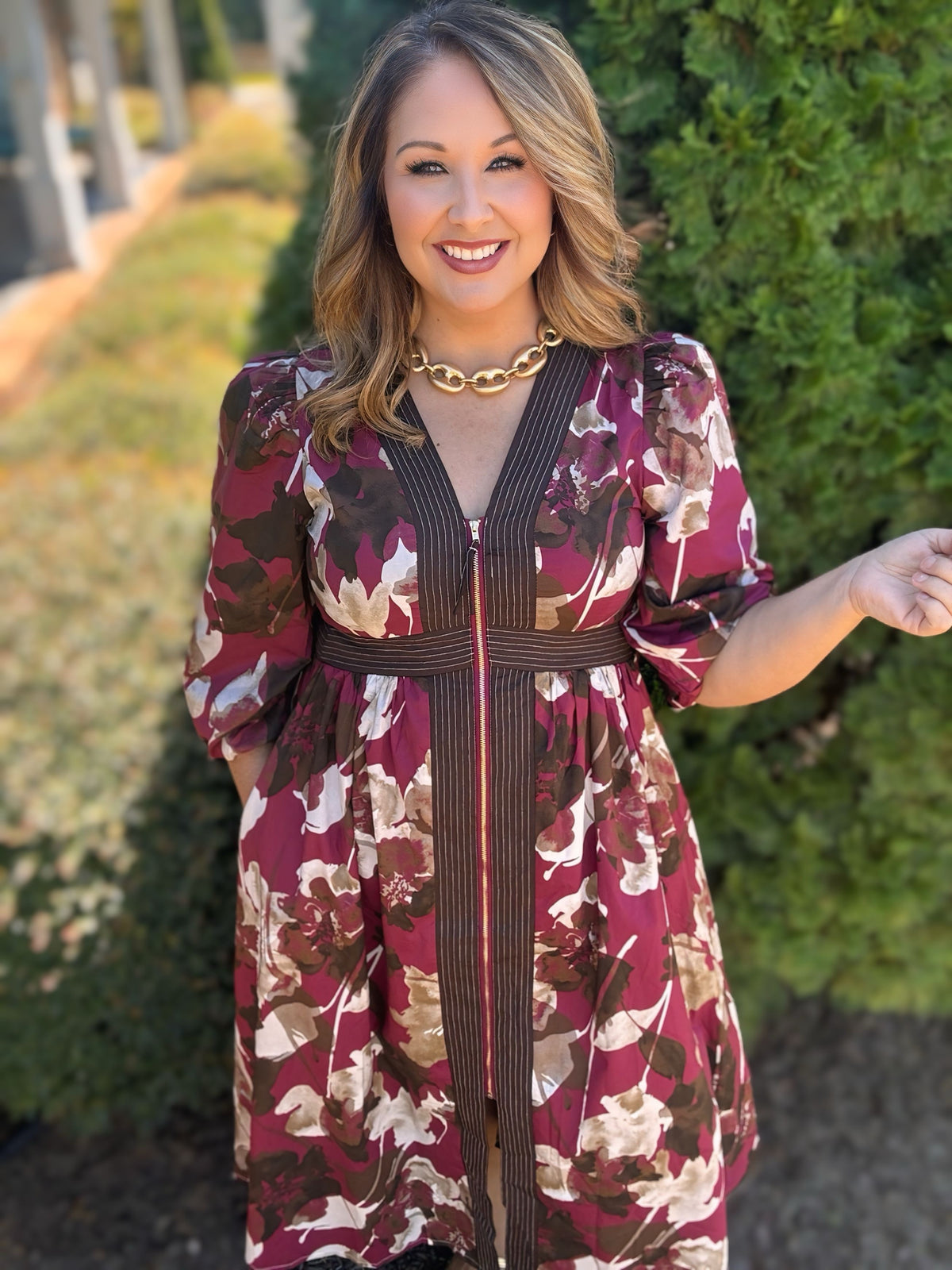 Entro Burgundy Floral Zip-Front Dres
