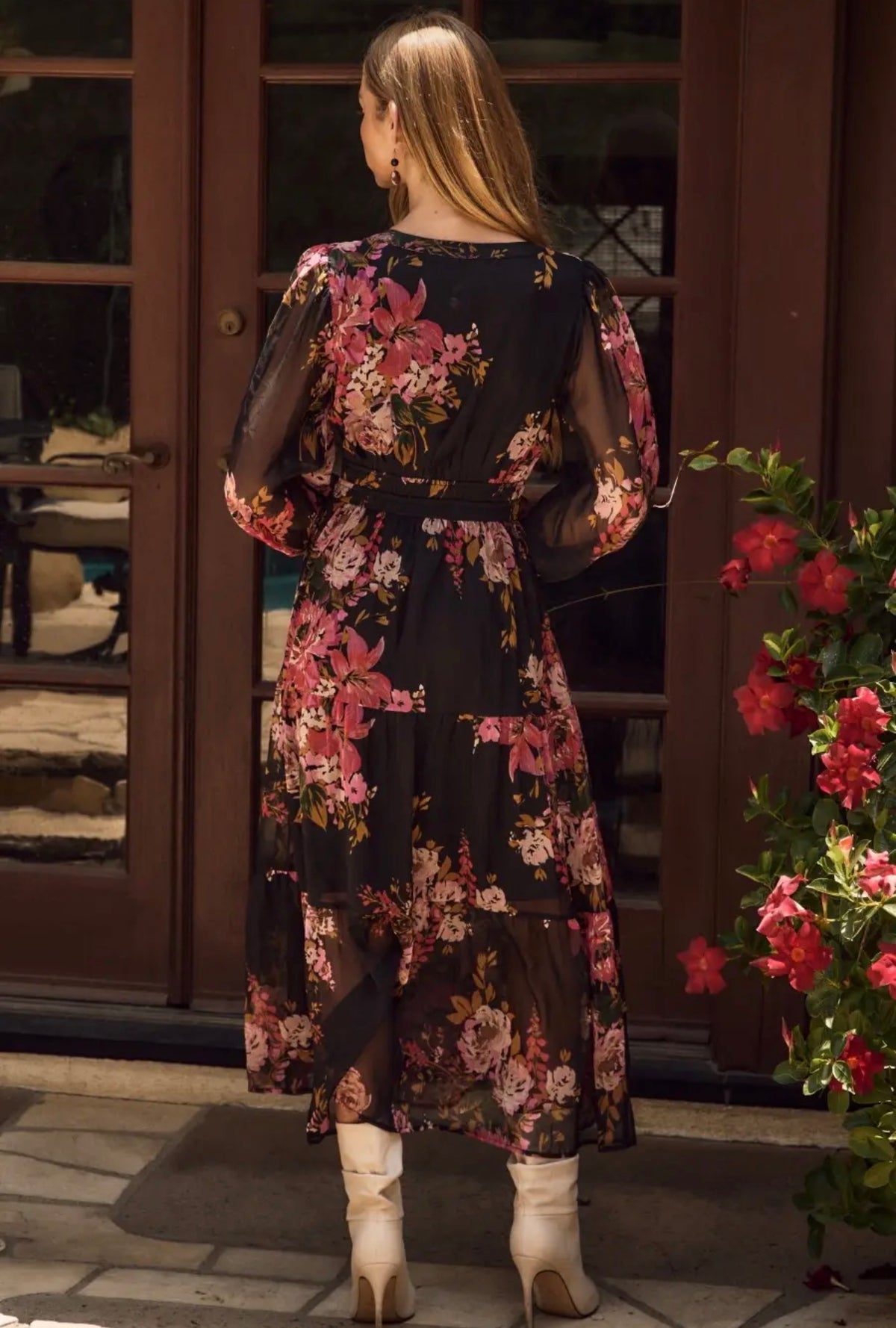 ODDI Black Floral Chiffon Midi Dress