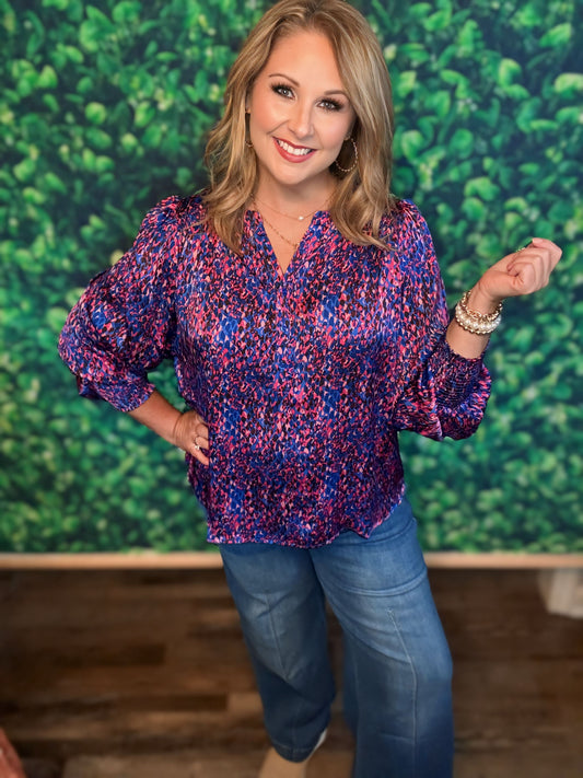 ABSTRACT PRINTED SATIN BLOUSE IN BLUE