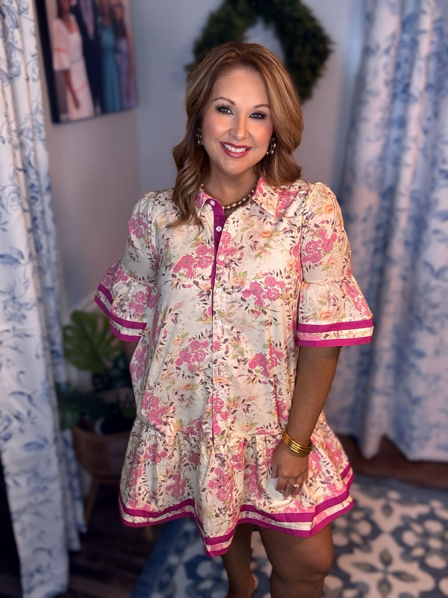 Rose/Fuchsia Bell Sleeve Floral Mini Dress