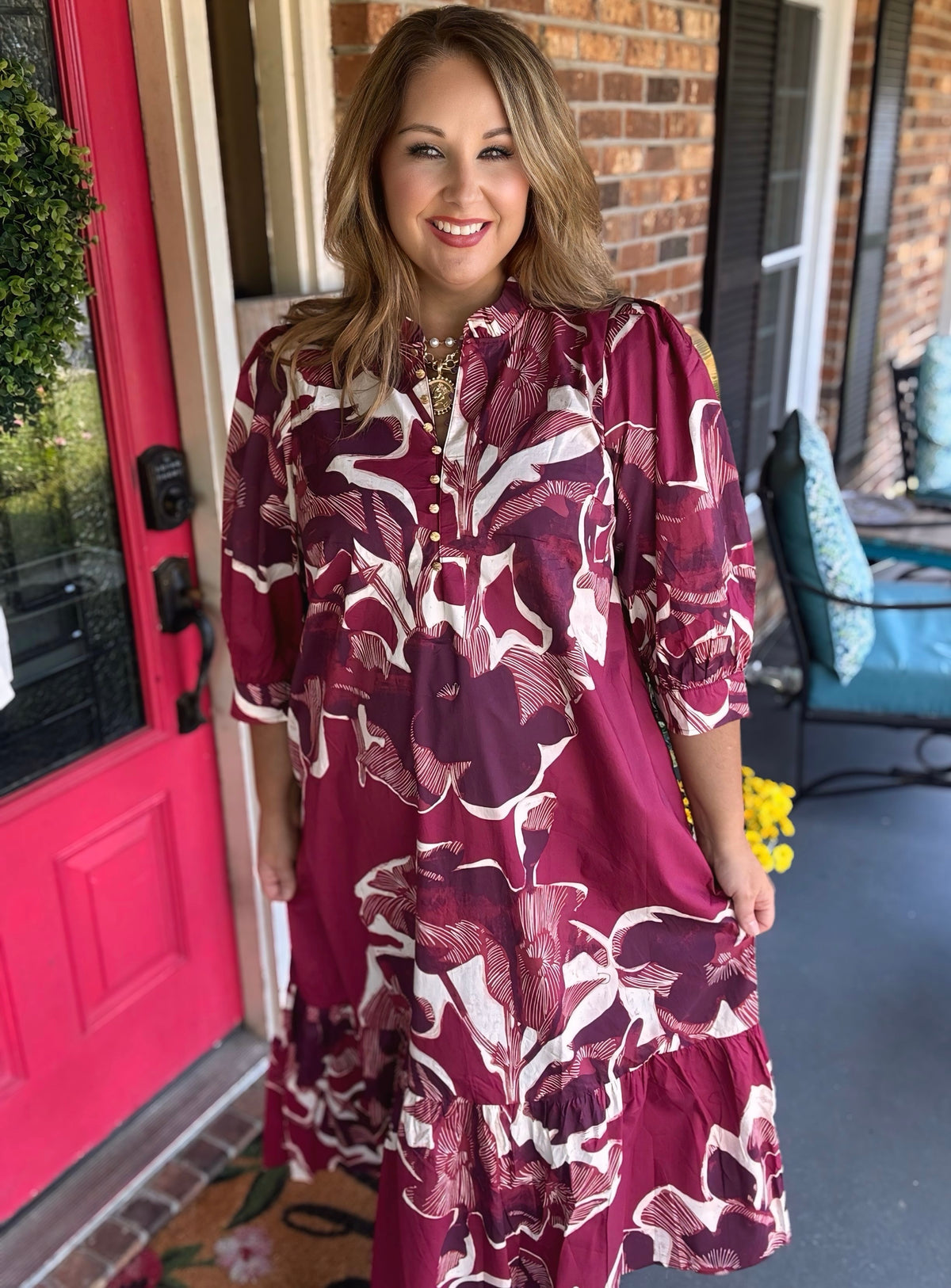 Entro Burgundy Floral Print Puff Sleeve Midi Dress
