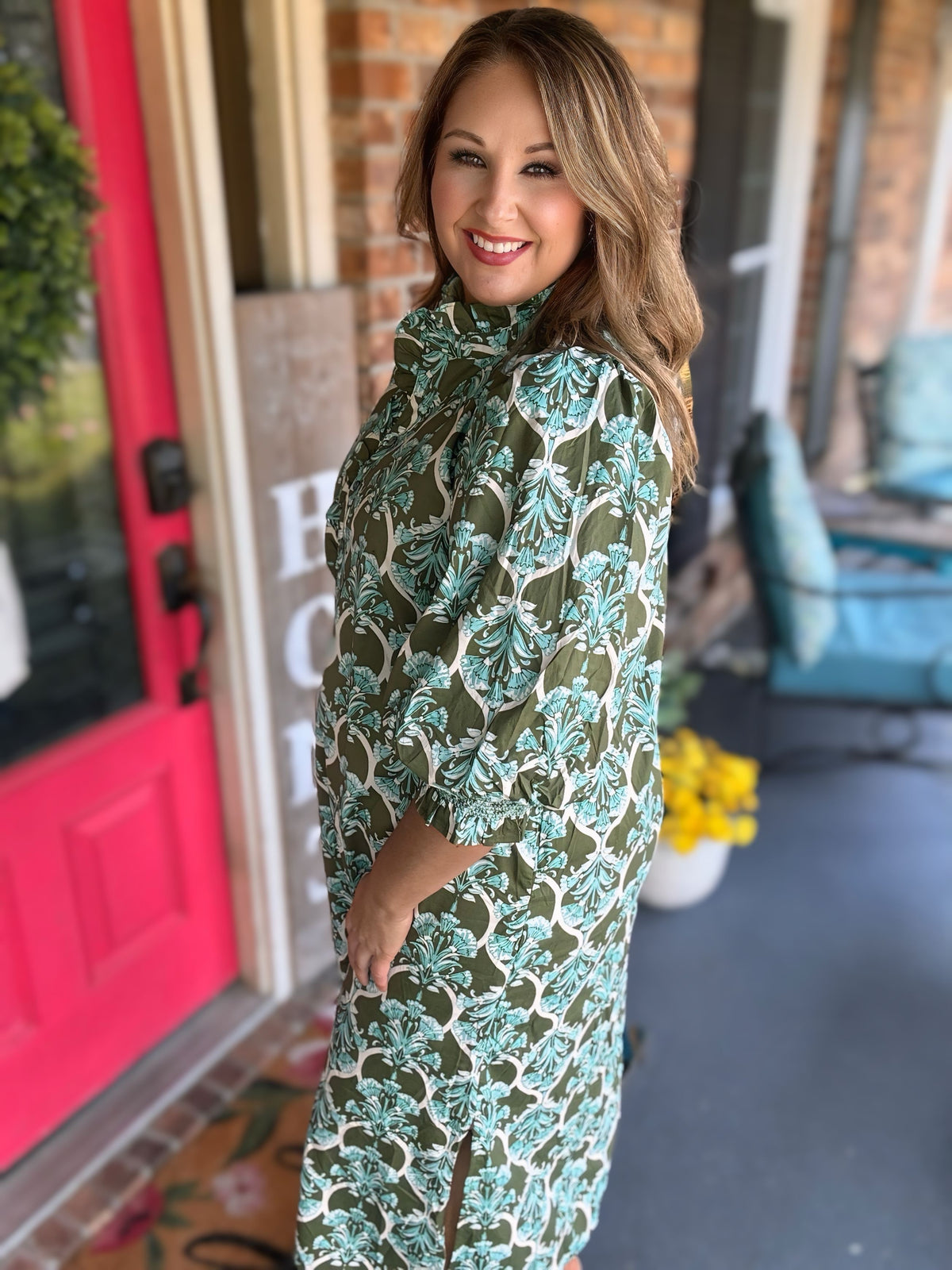 Entro Olive & Aqua Printed Balloon Sleeve Midi Dress