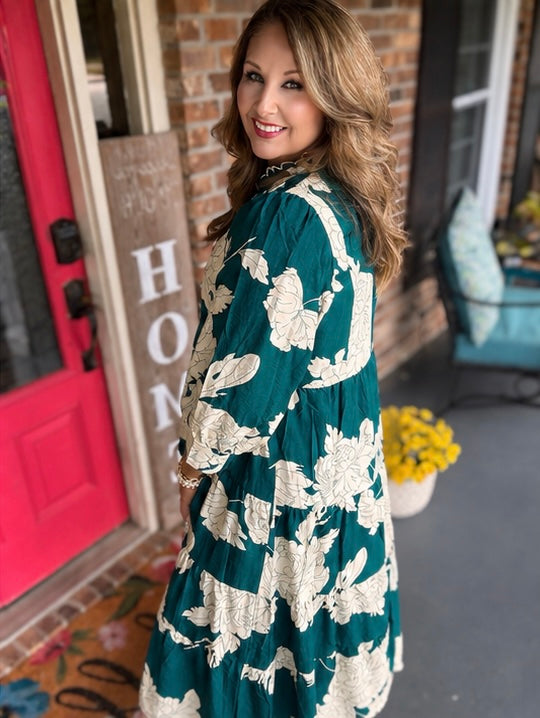 Umgee Teal Floral Tiered Maxi Dress