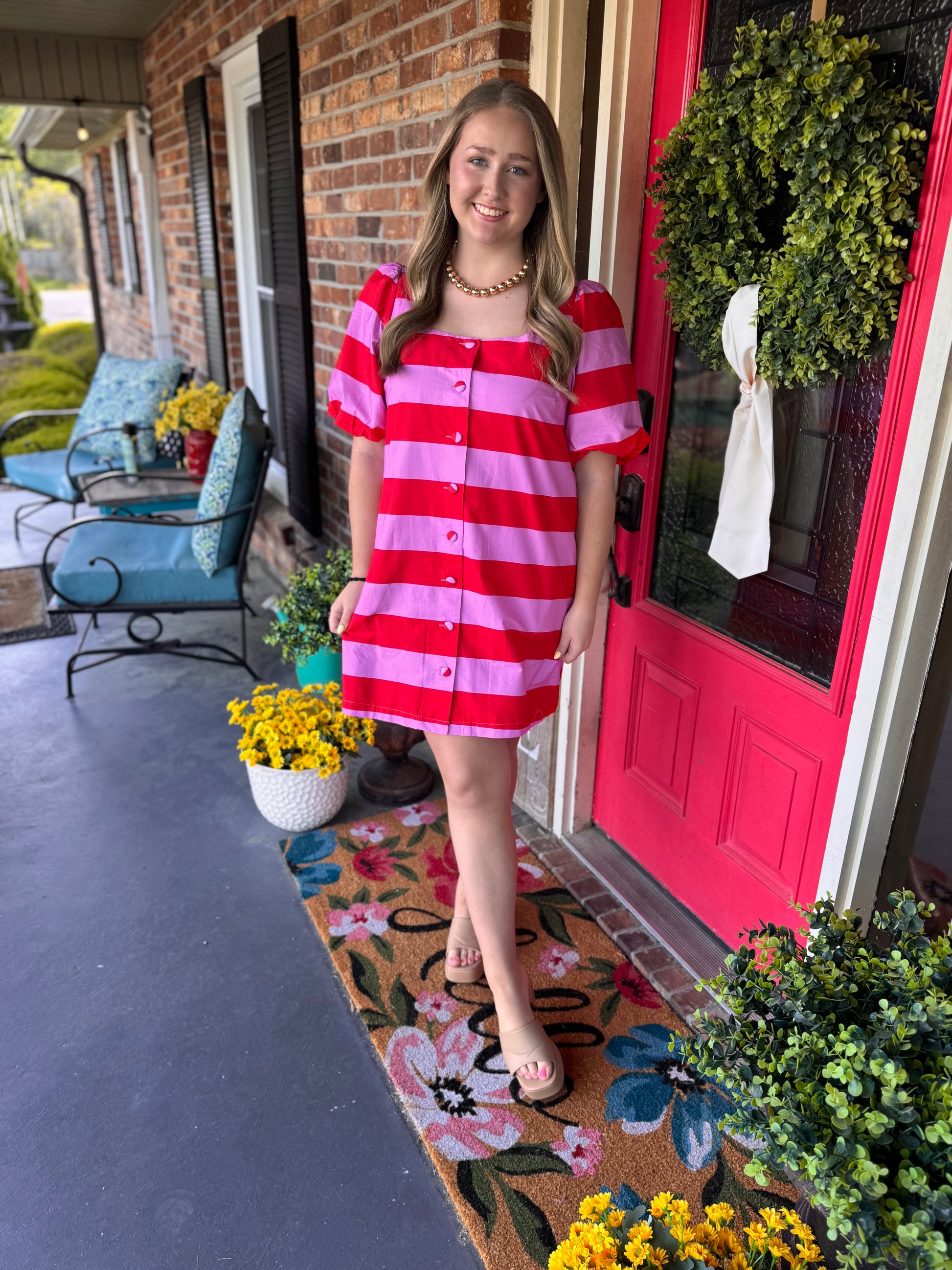 Entro Red/Pink Striped Puff Sleeve Mini Dress Large