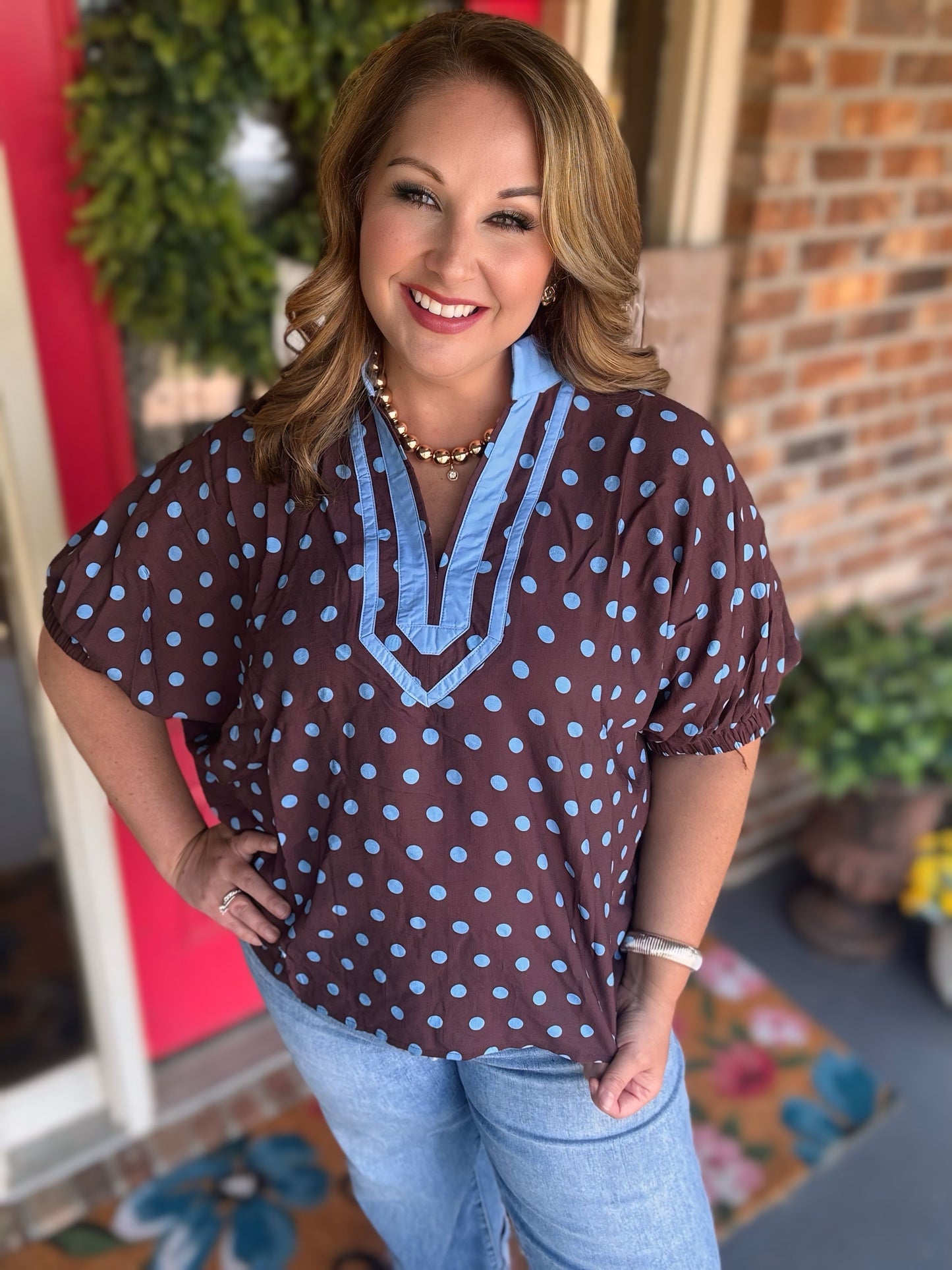 Entro Brown Blue Polka Dot Top