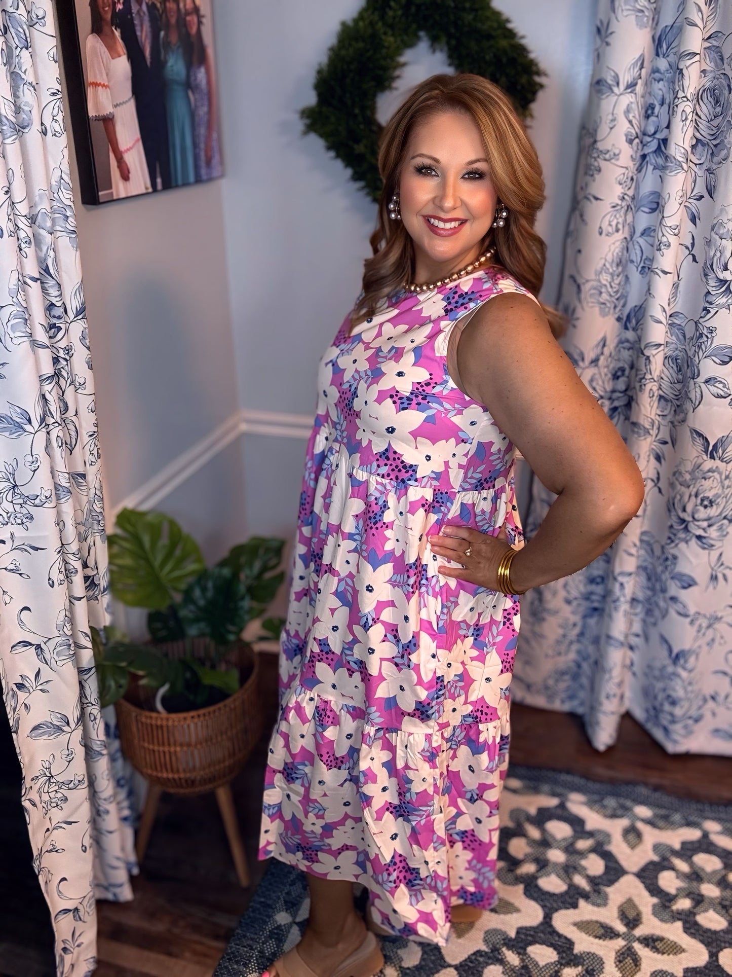 Lavender FLORAL POPLIN MIDI DRESS Pink