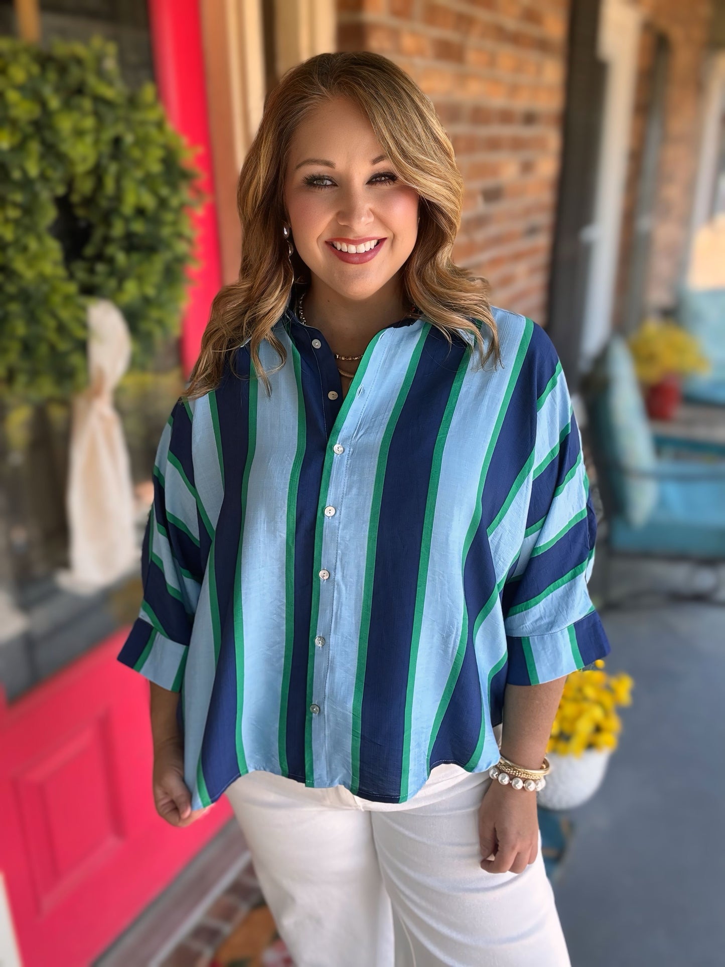 Entro Navy Striped Button-Up Top