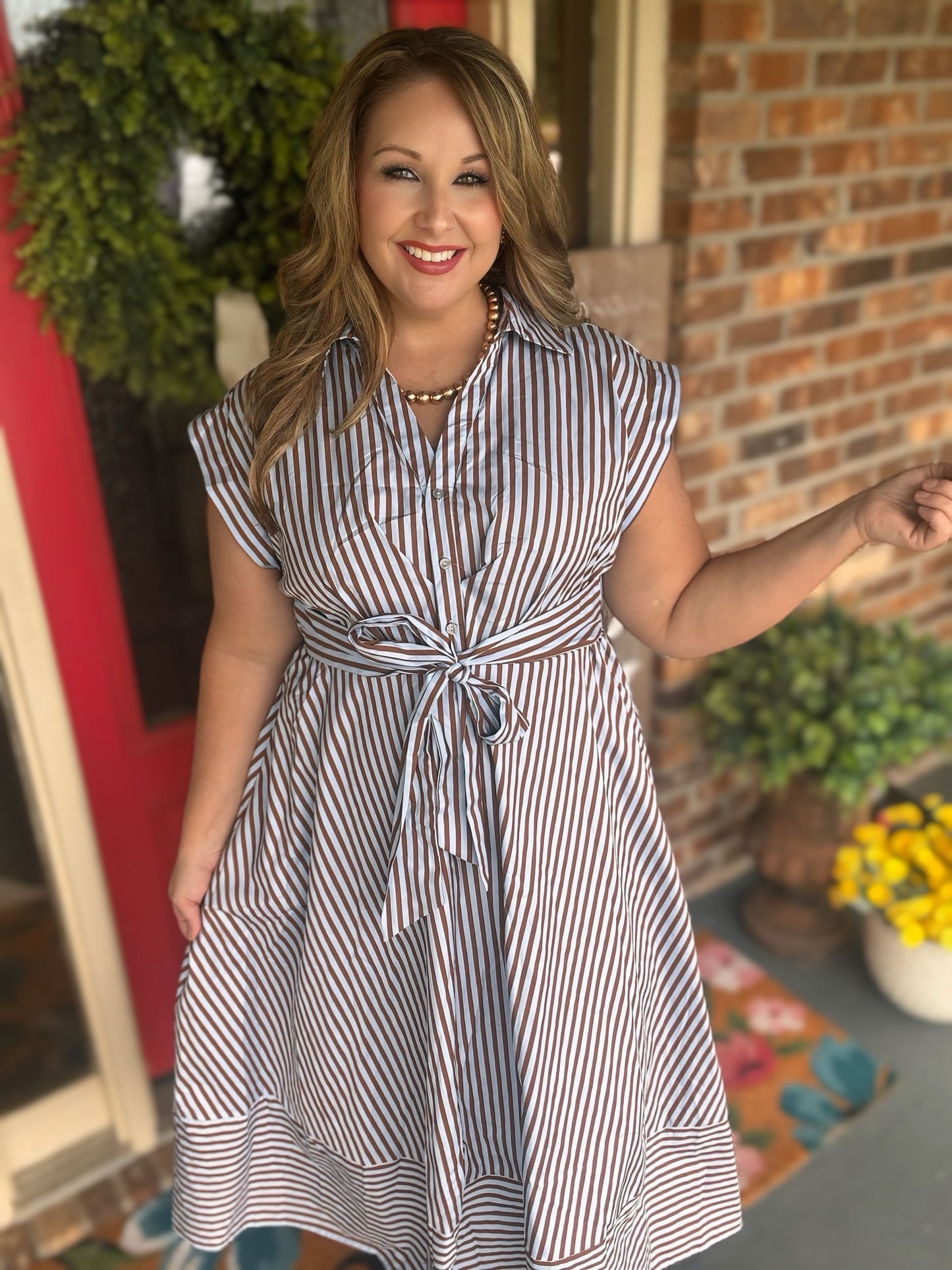 Entro Blue & Brown Striped Tie-Front Midi Dress