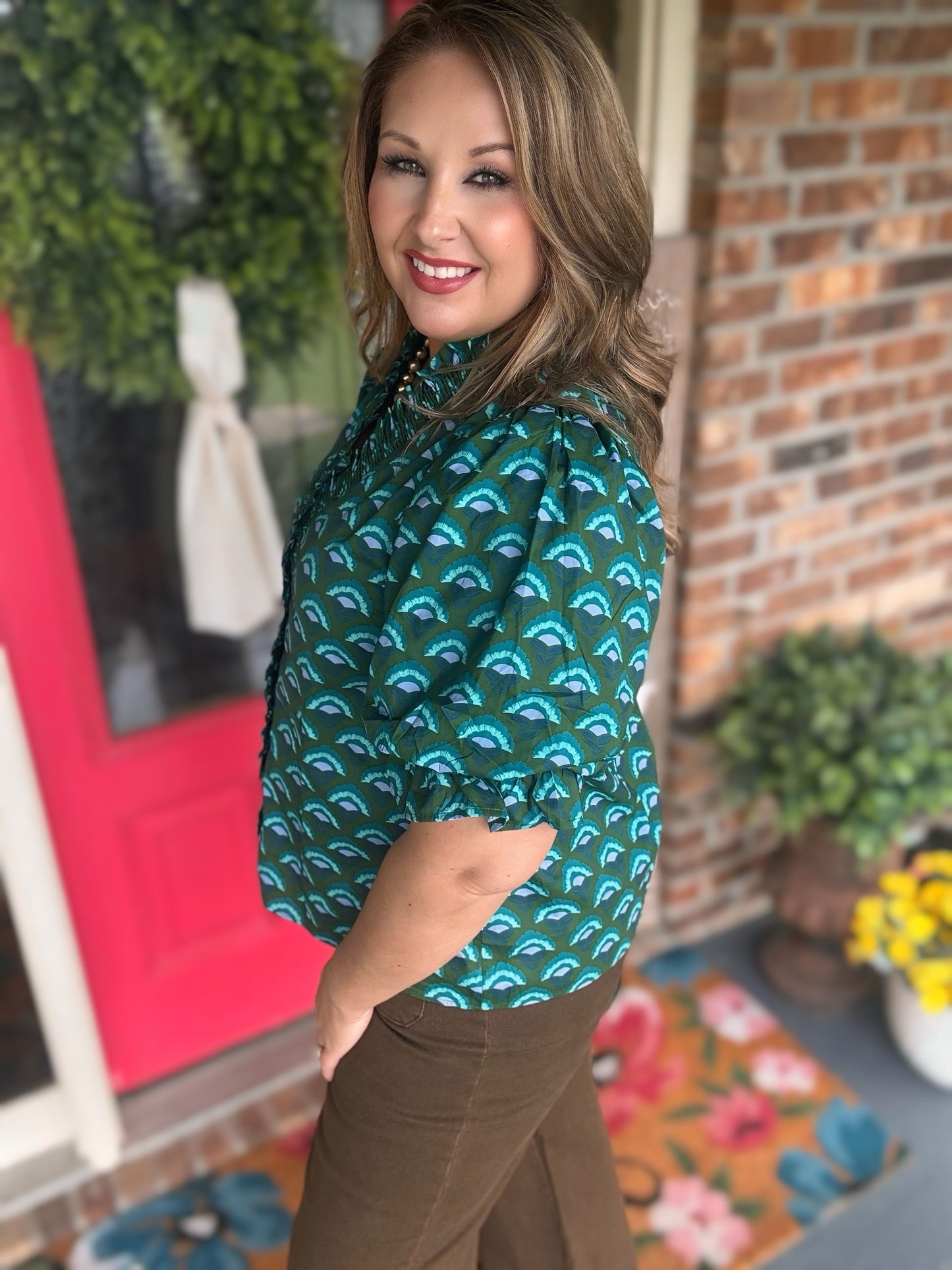 Entro Geometric Print Ruffle V-Neck Top – Regular & Plus hi
