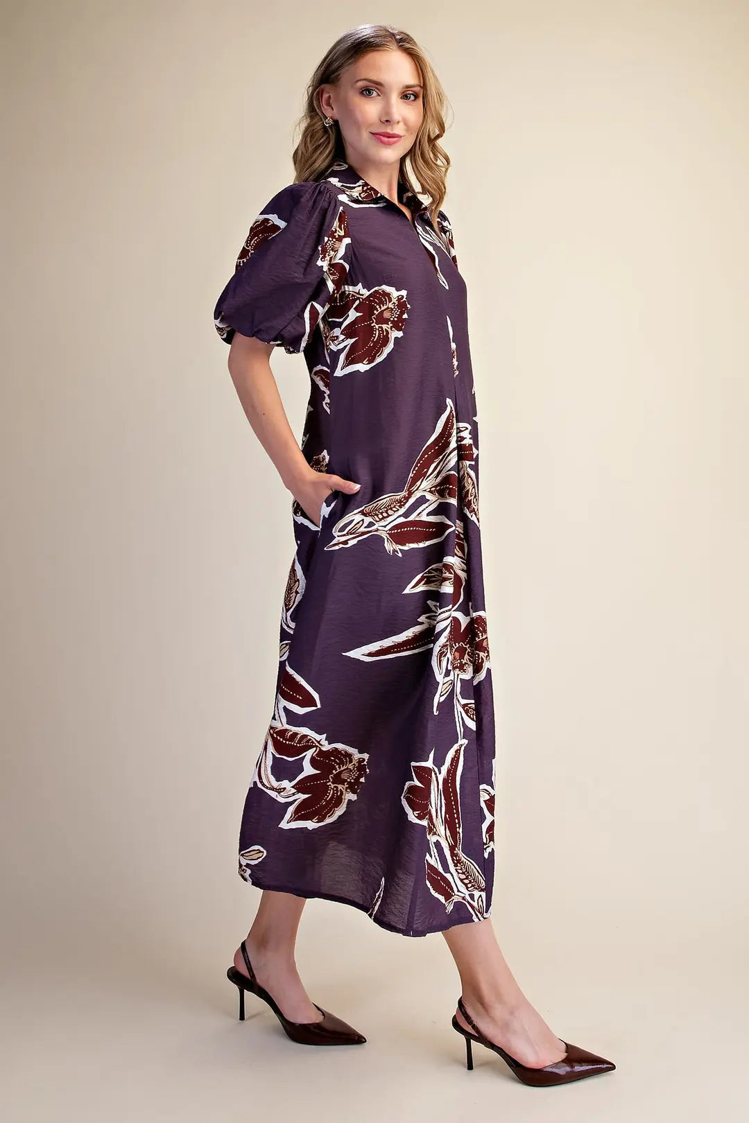 Plum Autumn Print Puff Sleeve Midi Dress