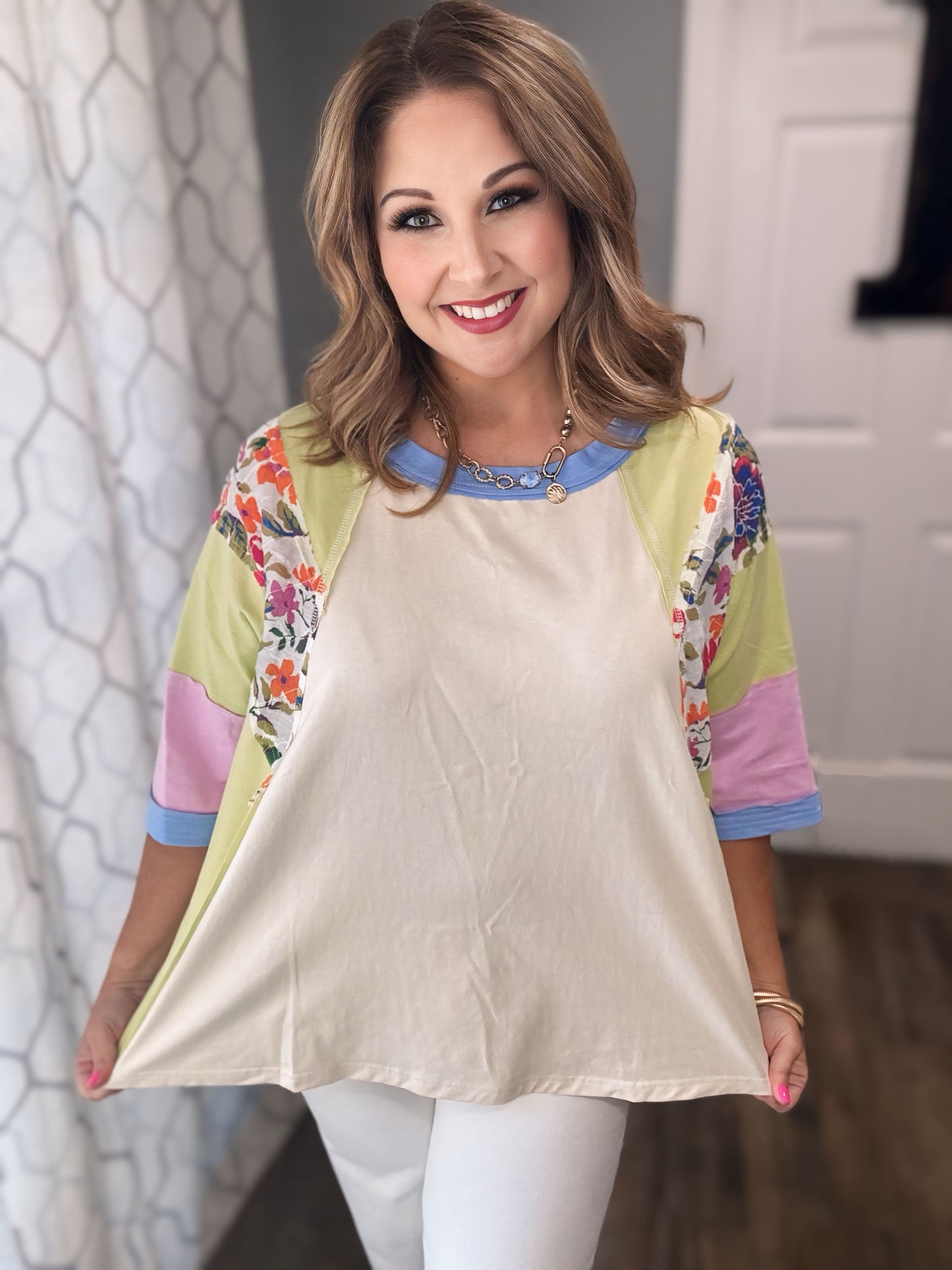 Color Block Top with Mixed Floral Print Design in Oatmeal, Green, Periwinkle