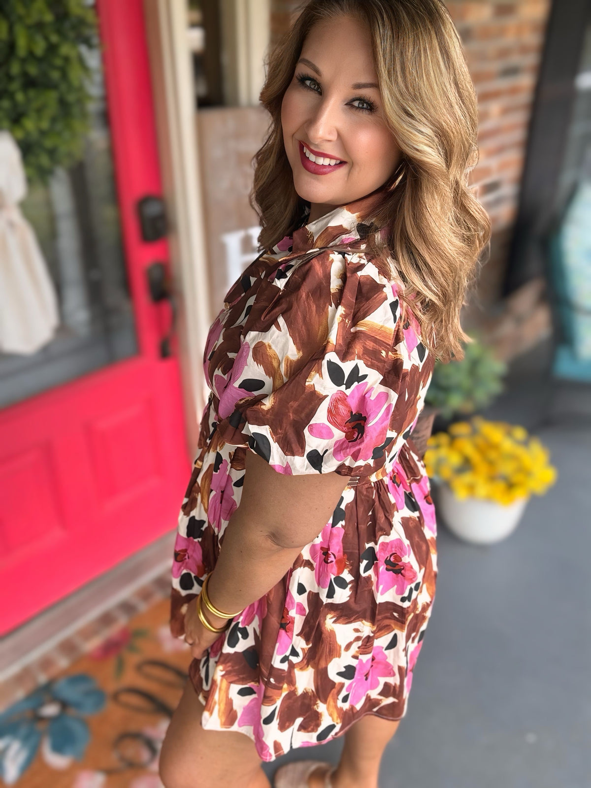 Entro Brown & Pink Floral Puff Sleeve Mini Dress