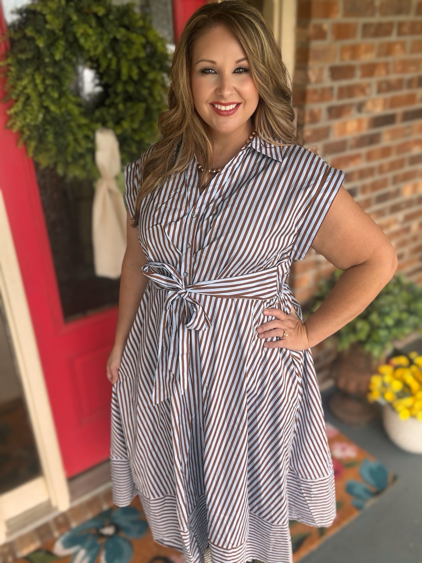 Entro Blue & Brown Striped Tie-Front Midi Dress
