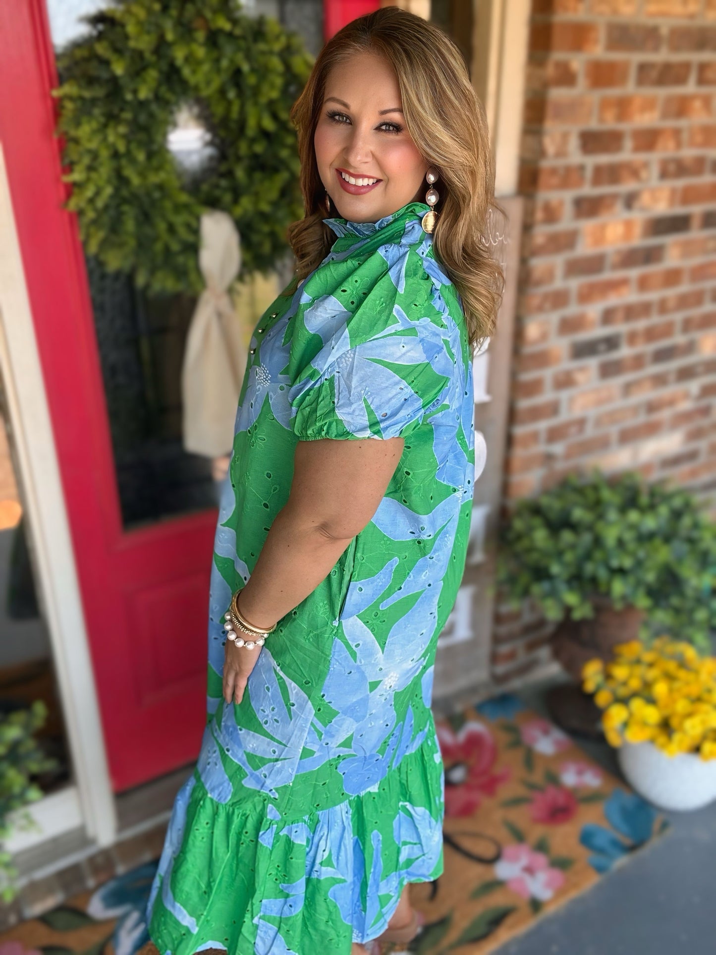 Botanical Puff Sleeve Midi Dress