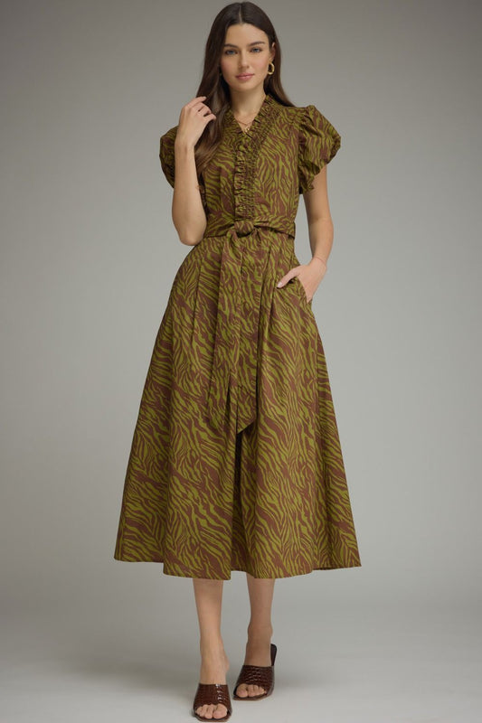 Entro Olive Tiger Print Midi Dress