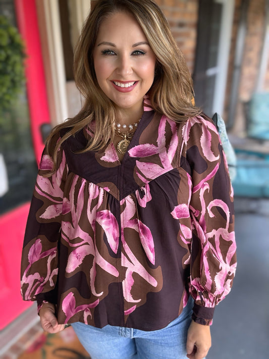 Entro Pink Floral Balloon Sleeve Top – Burgundy/Pink