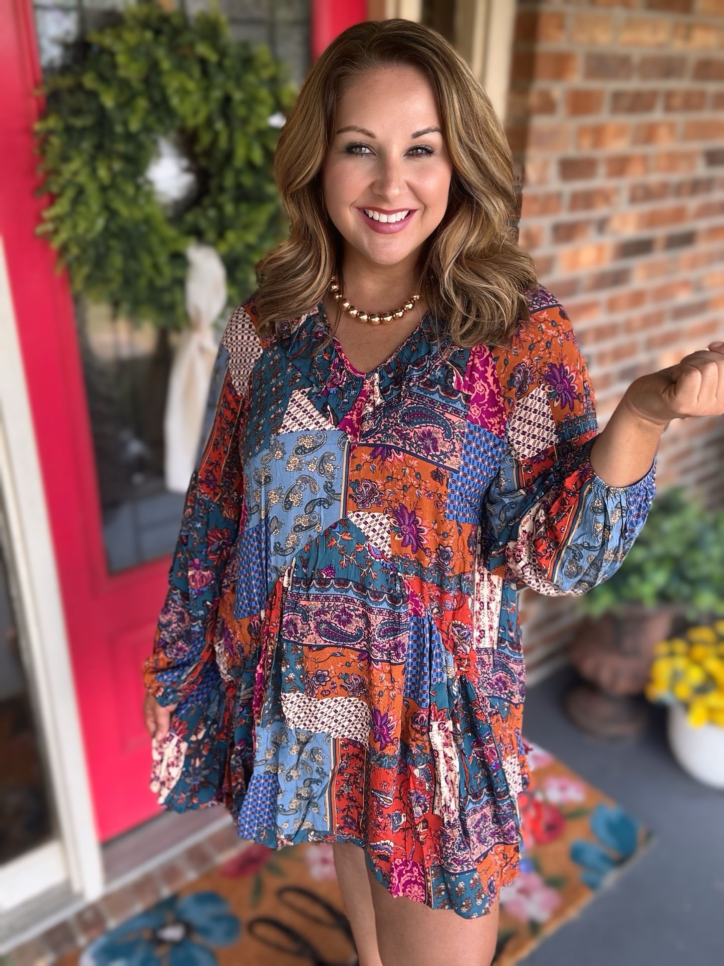 PATCHWORK PRINTED GAUZE MINI DRESS