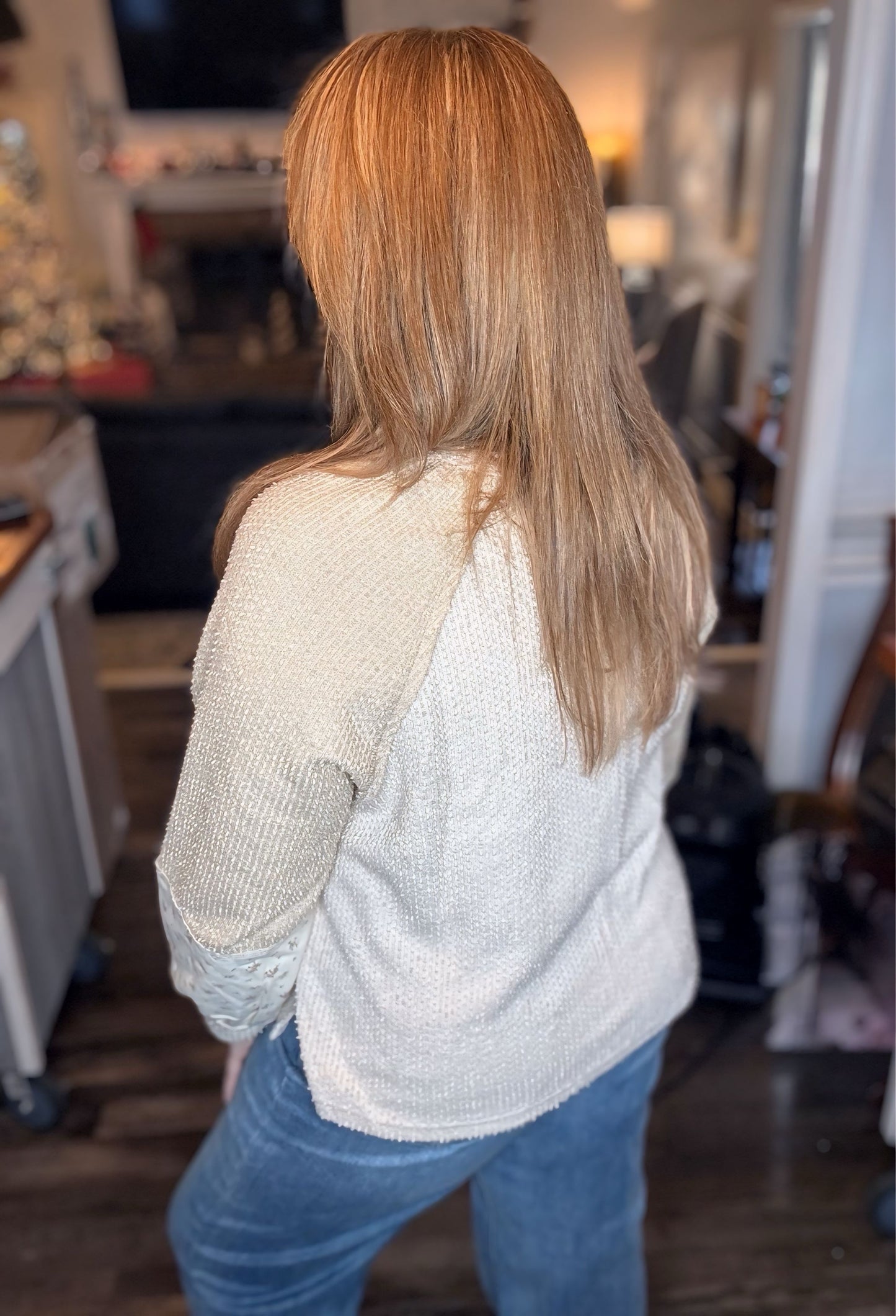Cream/Floral Raglan Textured Knit Top
