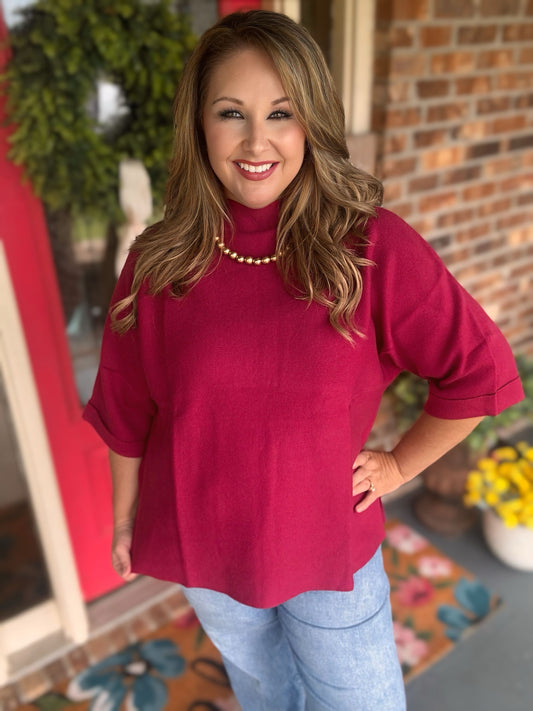 Umgee Crimson Mock Neck Dolman Sleeve Sweater Top