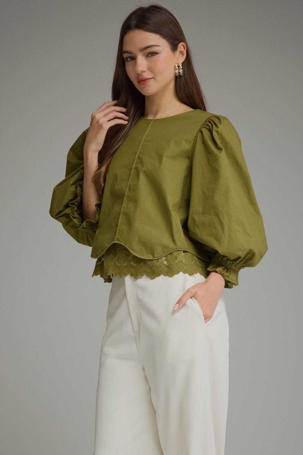 Entro Martini Olive Lace Trim Balloon Sleeve Top