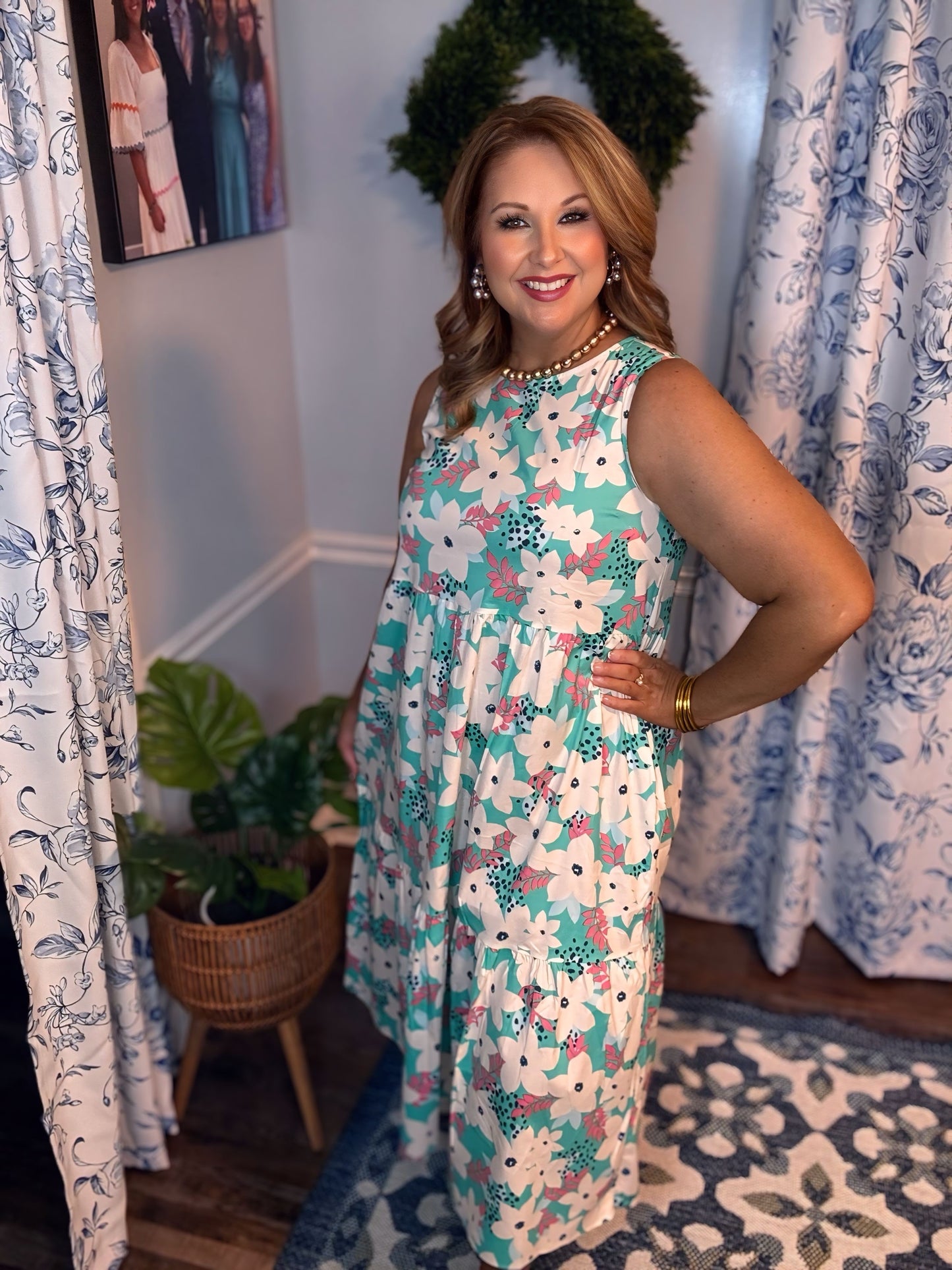 Teal FLORAL PRINT POPLIN TIERED MIDI DRESS
