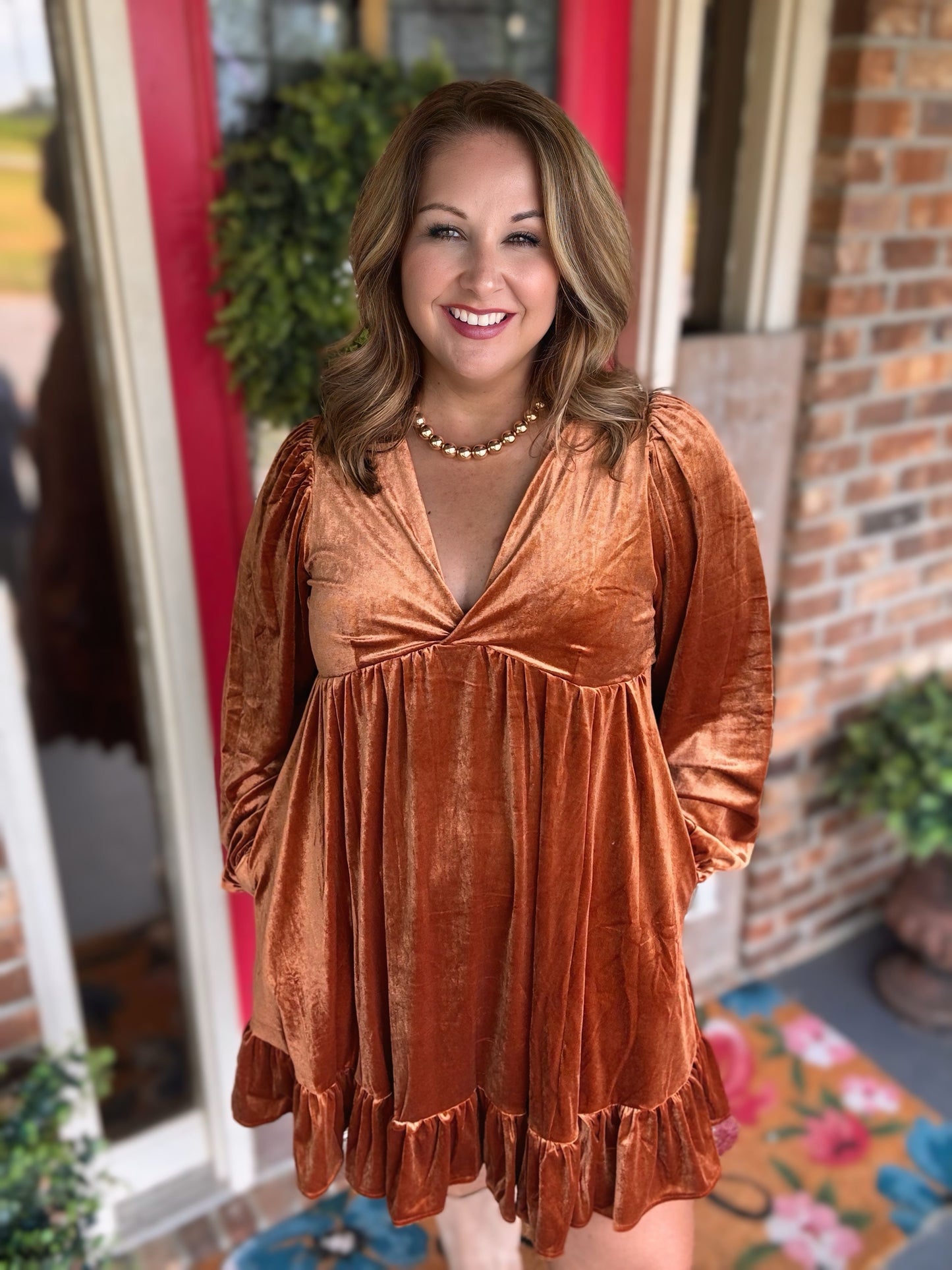 Bronze Velvet Babydoll Dress