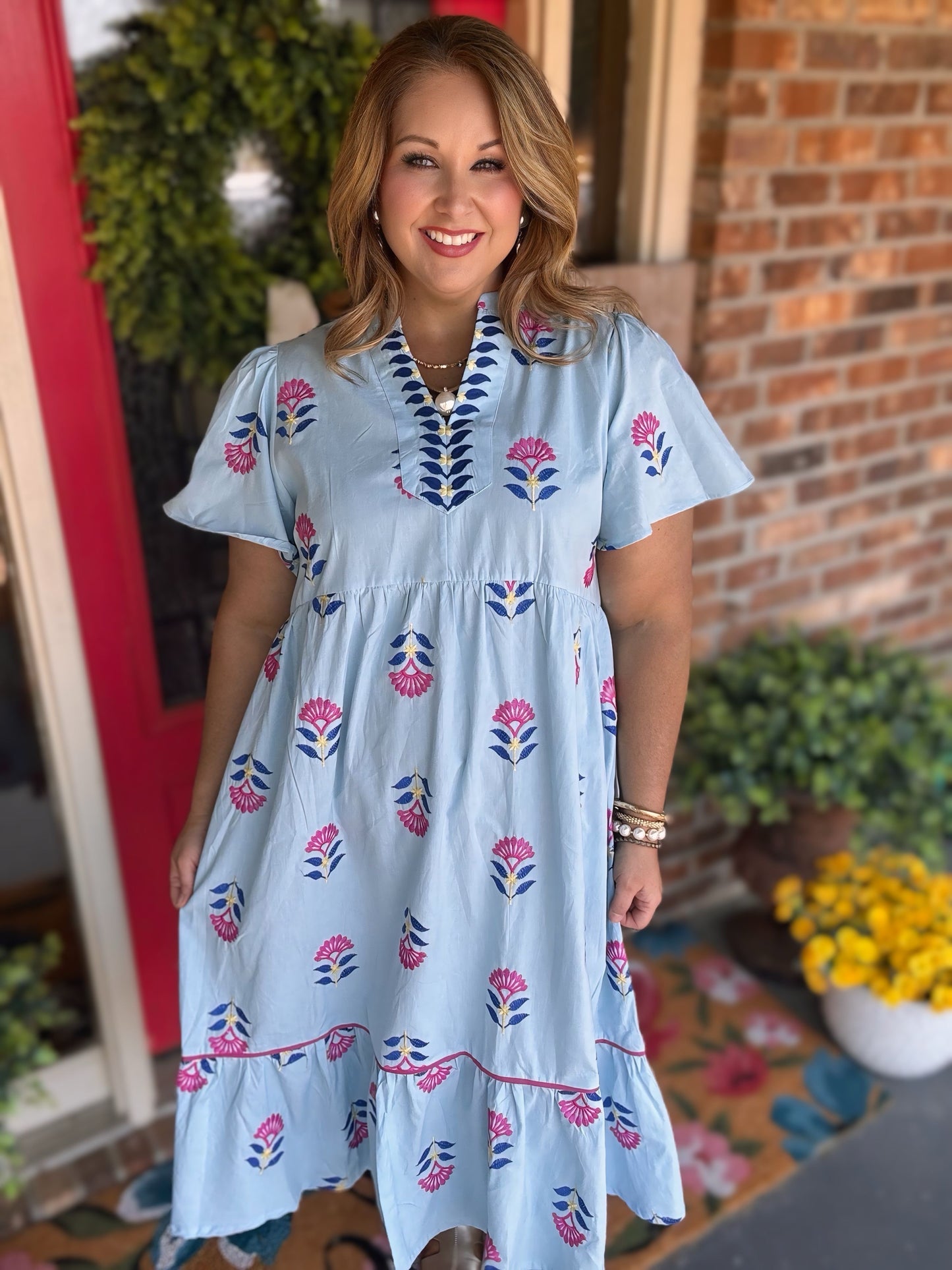 Embroidered Tiered Midi Dress